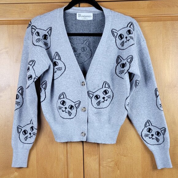 V-Neck Grey Cat Kitten Face Cropped Cardigan - XXS - Picture 3 of 12